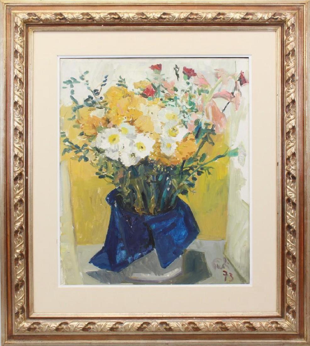 Bruno Paoli (1915-2005, Italy) "Fiori": Oil on canvas. Signed "Paoli, 1973" in lower right. Titled and signed on verso. Included as plate 8 in Bruno Paoli exhibition book. 23.25"h x 19.25"w