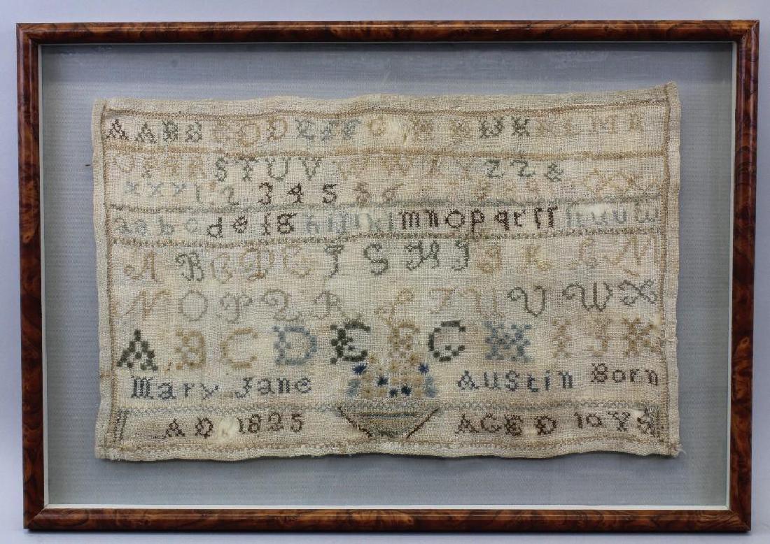 Mary Jane Austin Needleowrk Sampler 1825: Needlework marked, "Mary Jane Austin, born 1825, aged 10 yrs" 12"h x 19.5"w.