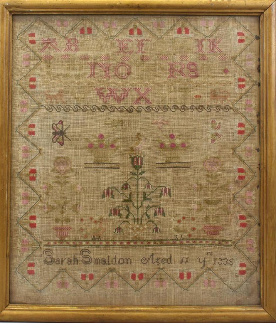 Sarah Smaldon Needlework Sampler 1836: Needlework marked "Sarah Smaldon Aged 11 yrs 1836" 19"h x 16"w.