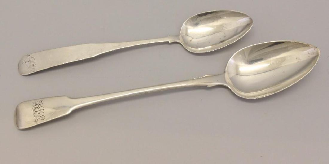 Lot of (2) Silver Serving Spoons -NEED NEW LEAD PHOTO: Sterling silver, large serving spoon made by Thomas Johnson, London, 1807. Makers marks on underside of handle. Monogrammed "TWH" on handle. 12" long. 3.09 troy oz. â€‹C