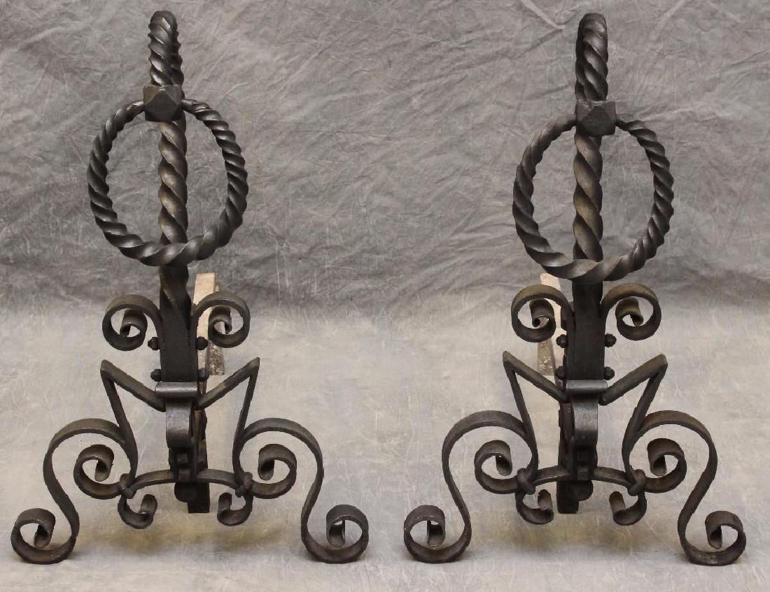 (2) Pair of Cast Iron Andirons: Twisted and scrolled, 24"h x 16"w x 23"d.
