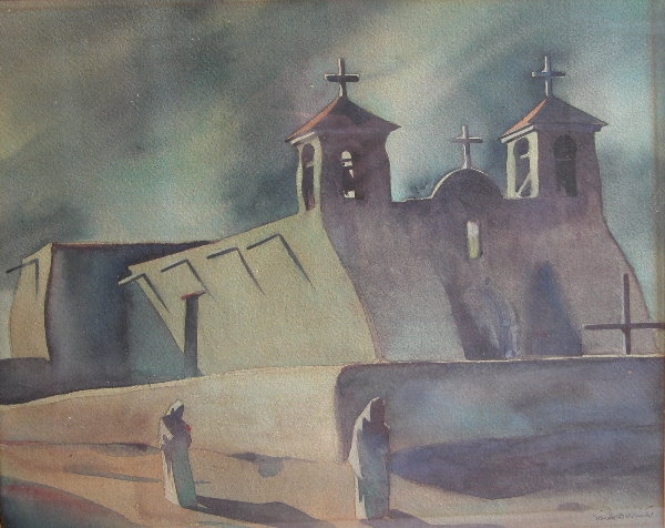 Sandor Bernath.: Depiction of Southwestern church with robed figures, watercolor, 13" x 16 1/2" sight, SLR, "Sandor Bernath". Artist: b. 1892, American. Condition: discolored line down right side.