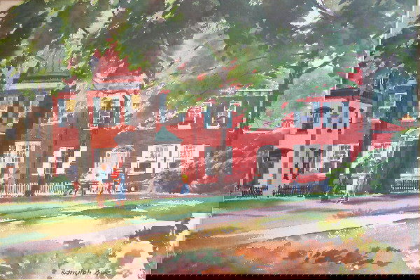 Ranulph Bye.: Titled, "Court Street Doylestown", featuring figures in front of a brick building, watercolor, 14" x 20 1/2" sight, SLR, "Ranulph Bye", handwritten note verso indicates man with hat on bench is Judge