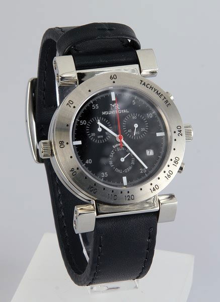 Mountroyal double sided watch.: Mountroyal stainless steel double sided watch with black leather band. The watch can be worn two ways. One side is a black faced chronograph with date and the other side has a white face.