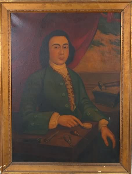 In the Manner of John Singleton Copley: Portrait of a Gentleman, with engraver's tools on tabletop, oil on canvas, 44" x 32", unsigned. John Singleton Copley: American, 1738-1815.