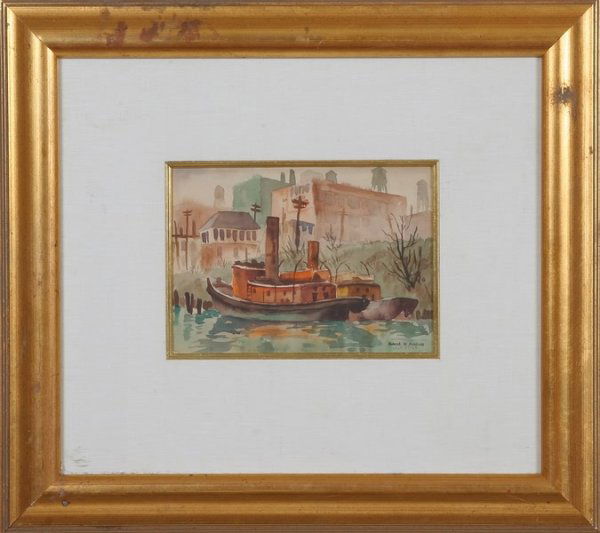 Robert W. Addison: "River Scene", watercolor, 7 1/2" x9 1/2" (sight), SLR "Robert W. Addison Mar 27 '49". Certificate of authenticity and artist bio verso. Artist: American, 1924-1988.