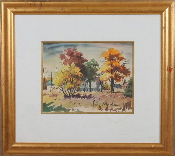 Robert W. Addison: "Farm Scene", watercolor, 10 1/4" 13 1/4" (sight), SLR "Addison", artist bio verso. Artist: American, 1924-1988.