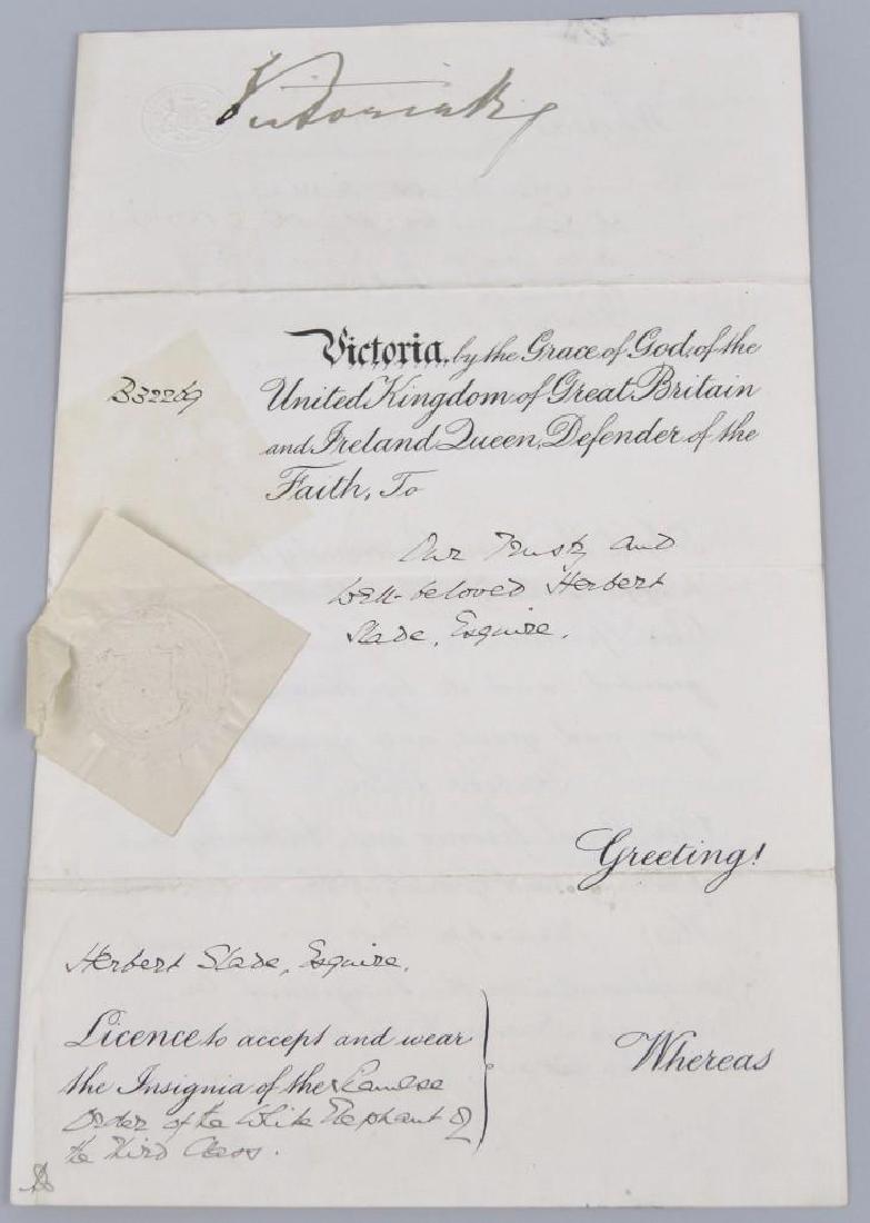 Autograph of English Queen Victoria-Boxing Related: Autographed Document Signed (ADS) by Queen Victoria (1819-1901) Queen of the United Kingdom of Great Britain and Ireland (1837-1901), being a license enabling Herbert Slade to wear the insignia of the