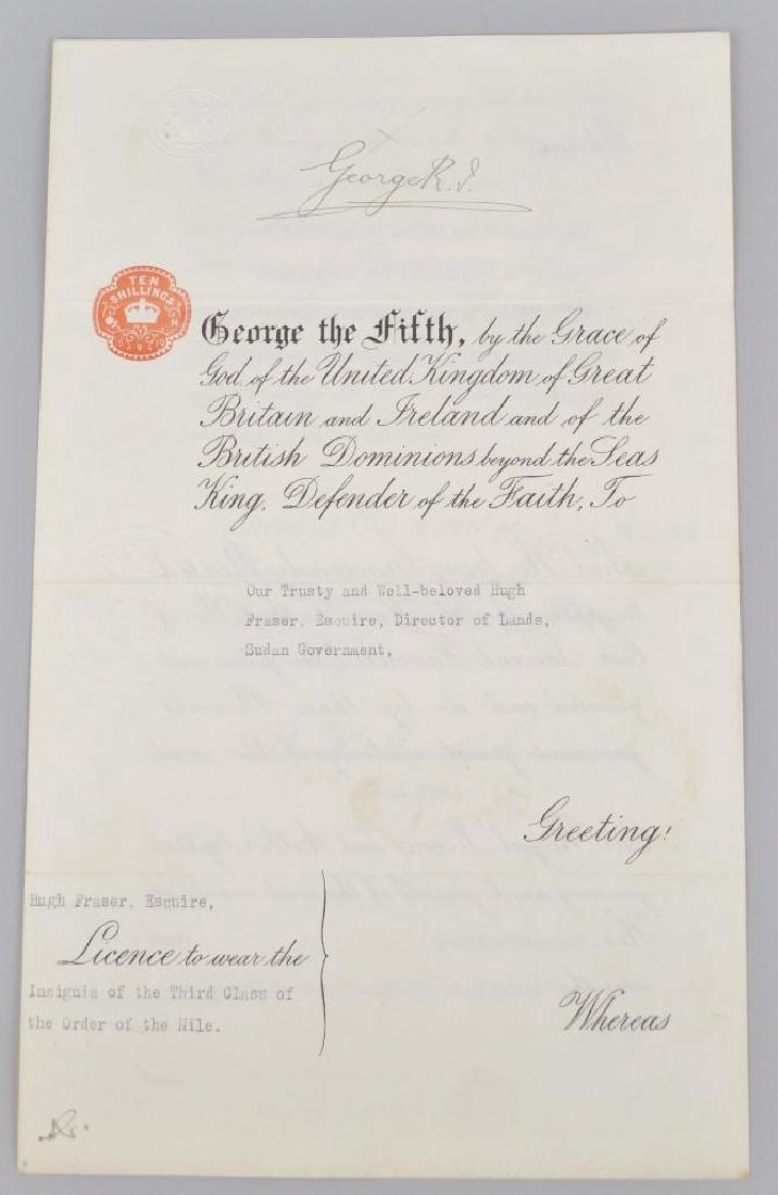 Autograph of English King George V: Autographed Document Signed (ADS) by King George V (1865-1936) King of the United Kingdom of Great Britain and Ireland (1910-1936) being a license enabling Hugh Fraser to wear the insignia of the Egyp
