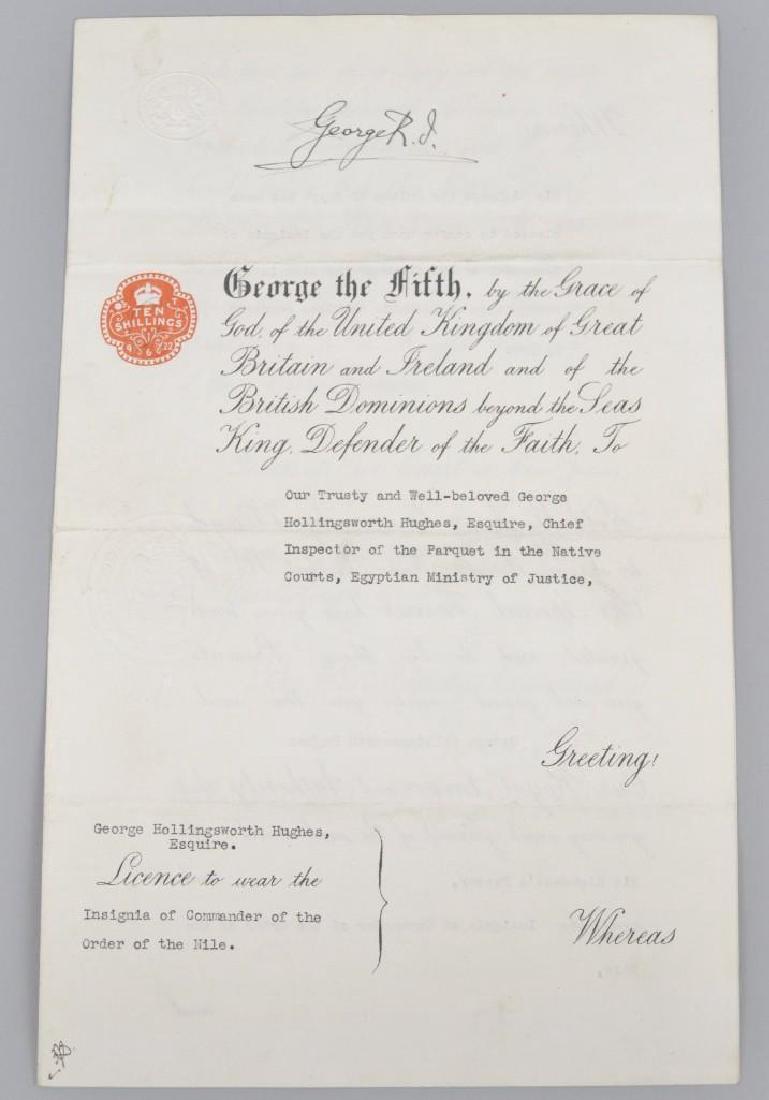 Autograph of English King George V: Autographed Document Signed (ADS) by King George V (1865-1936) King of the United Kingdom of Great Britain and Ireland (1910-1936) being a license enabling George Hollingsworth Hughes to wear the insi