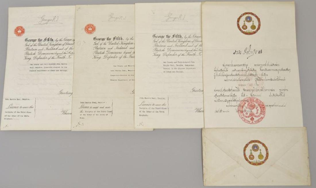 Autographs (3) of English King George V: Autographed Documents Signed (ADS) by King George V (1865-1936) King of the United Kingdom of Great Britain and Ireland (1910-1936) being a licenses enabling John Harris Heal to wear the insignia of; 