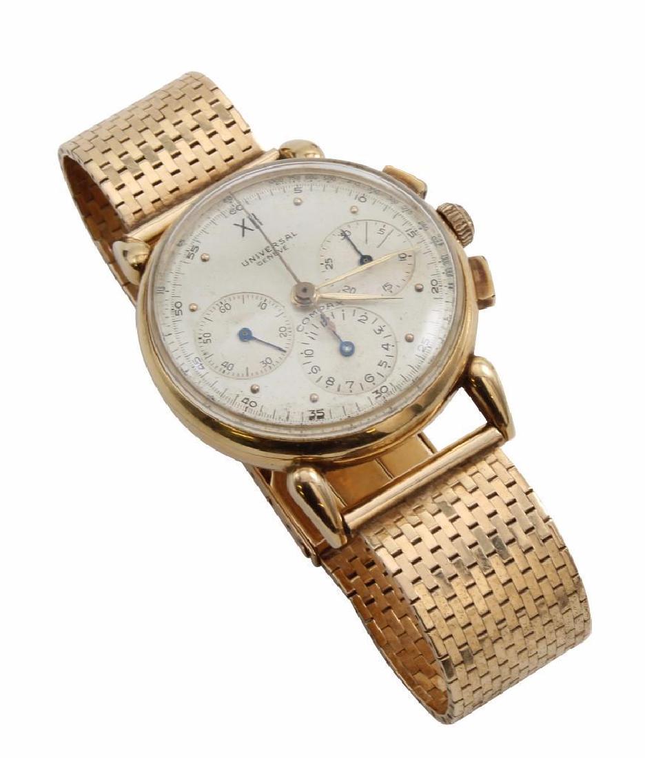 Gent's Universal Geneve Compax 14K Yellow Gold: 33.9mm diameter. Chronograph with additional complications features 3 subdials. Monogrammed "H.H." on deployment buckle. 68.6gtw.