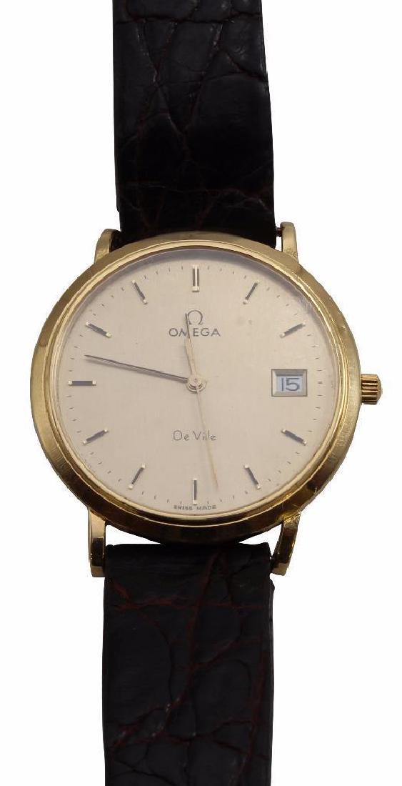 Omega De Ville 18K Yellow Gold Quartz 1420 Wrist Watch: 32mm diameter round bezel. Metal dust cover. Brown genuine Crocodile band. 28.9gtw.