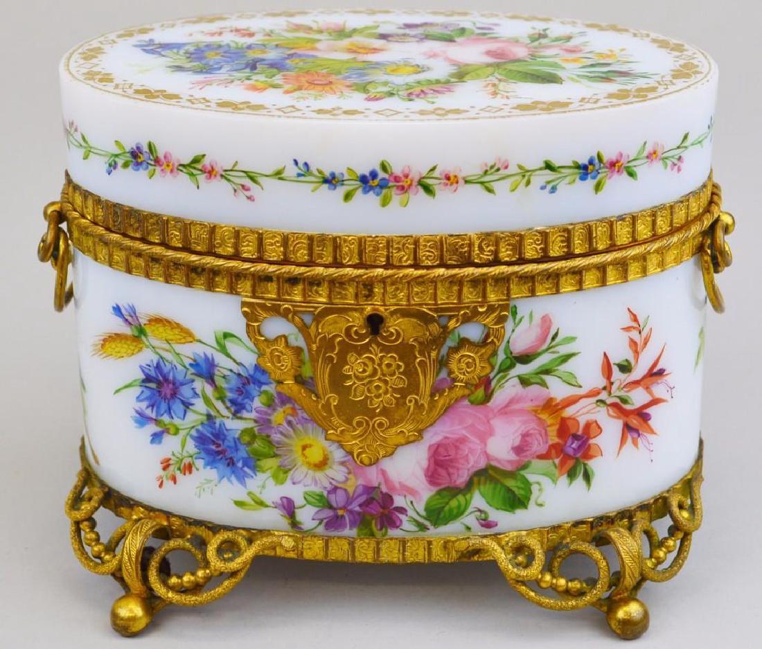 French White Opaline Ormolu Perfume Casket: Hand decorated with ormolu fittings. Includes 2 crystal perfume bottles with ormolu accents and holders. 6"h x 4.5"w, bottles 3.25"h