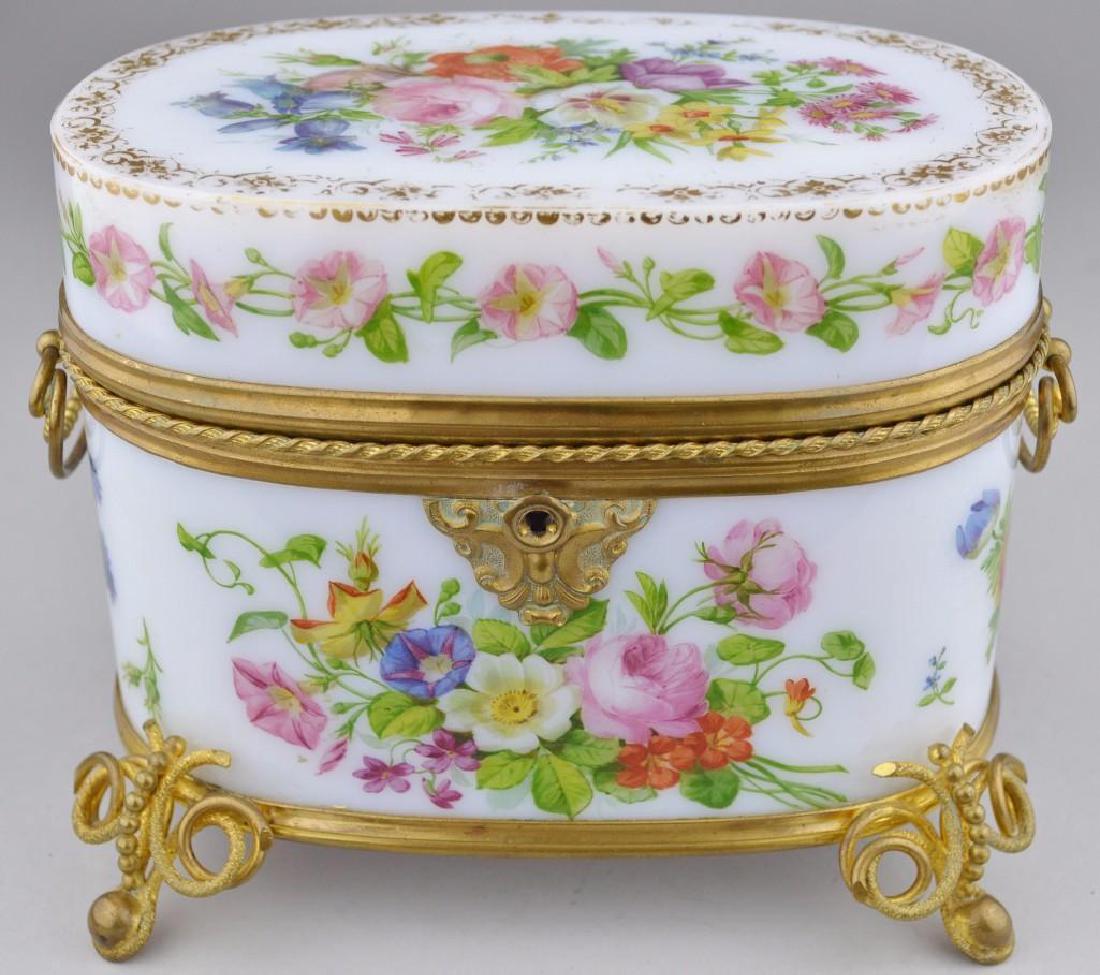 French White Opaline Ormolu Perfume Casket: Hand decorated with ormolu fittings. Includes 2 crystal perfume bottles with ormolu accents and holders. Incudes original key, and functional locking mechanism. 6.5"h x 5.25"w x 4.4"d, scent bott