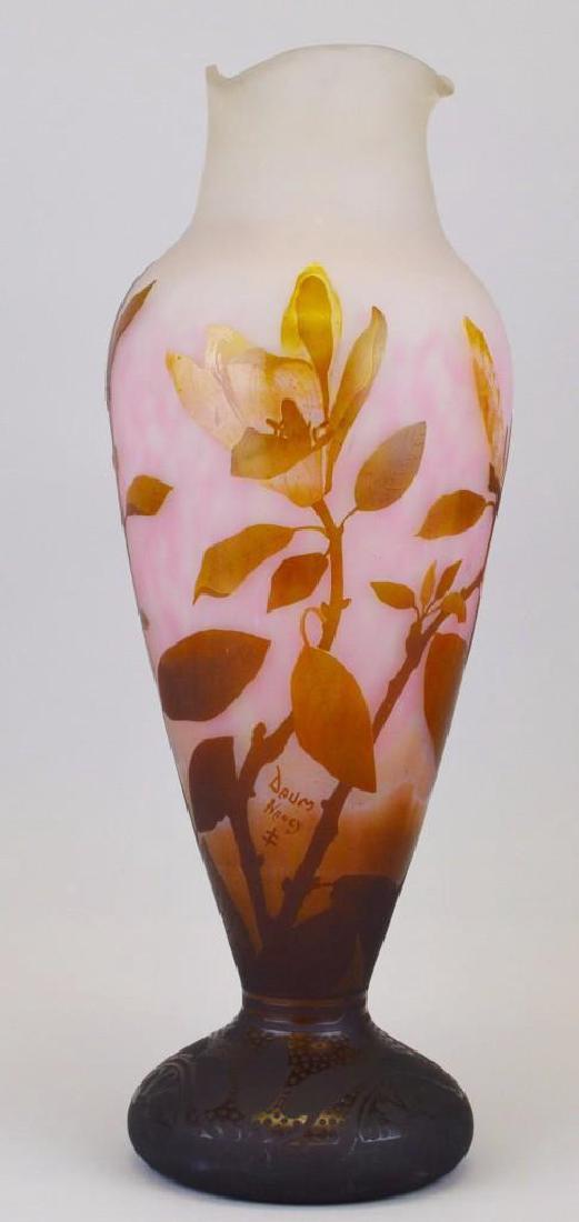 Daum Nancy Cameo Glass Vase: Baluster form with furled rim. Signed in cameo "Daum Nancy with Cross of Lorraine". 19.5"h x 7"w