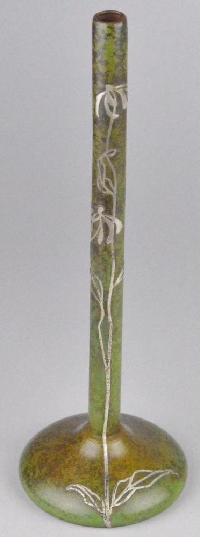 Heintz Art Metal Shop Bud Vase: Sterling on bronze. Heintz art metal incised mark #3683 PAT.AUG.12. AMS 12"h x 4"round base