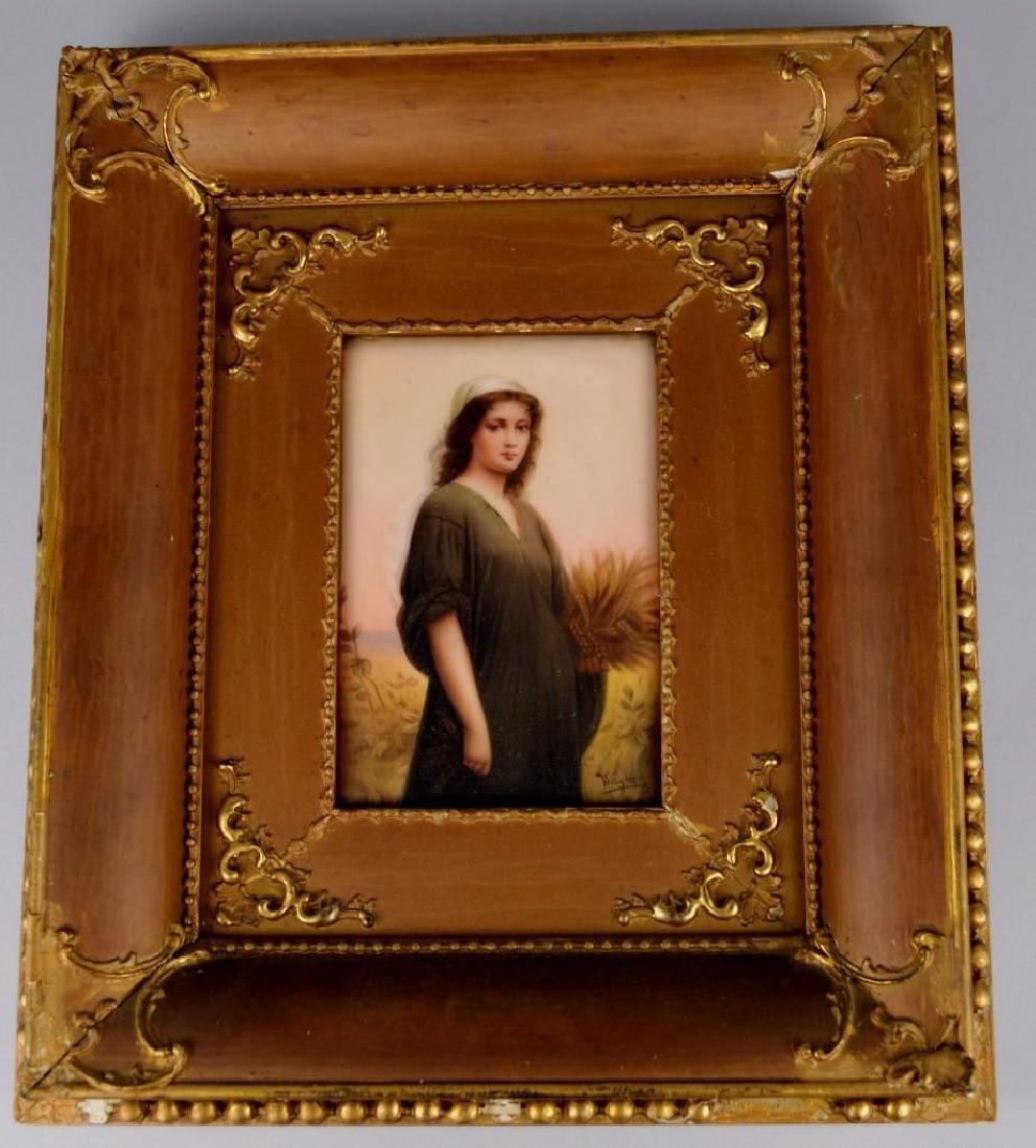 Wagner, Portrait Plaque: Framed porcelain tile. Portrait of a woman with sheaf of wheat. Signed "Wagner", 6"h x 4â€w