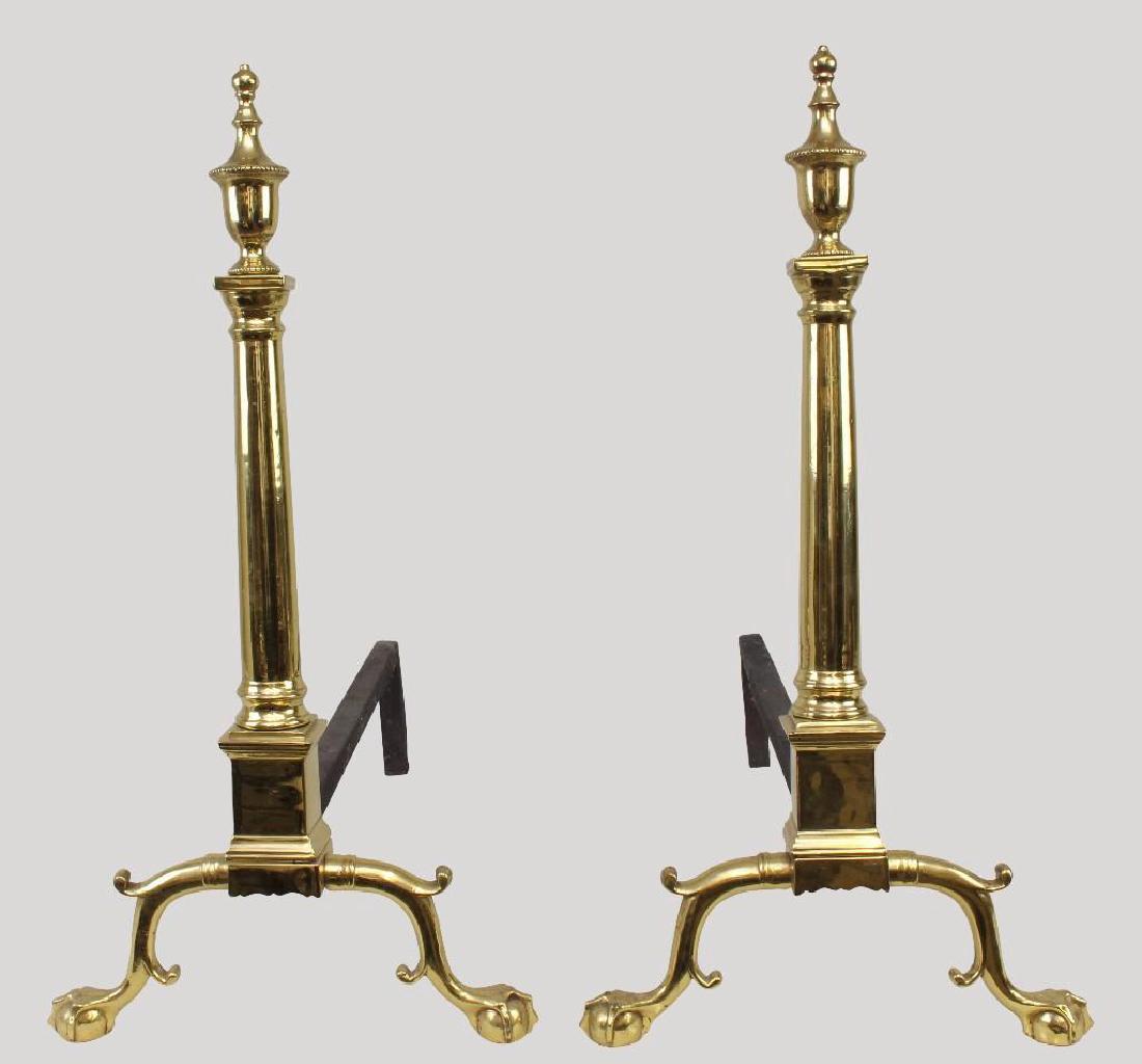 (2) Pair of Federal Brass Andirons: Urn finial tops on ball and claw feet. 27"h x 14"w x 26"d.