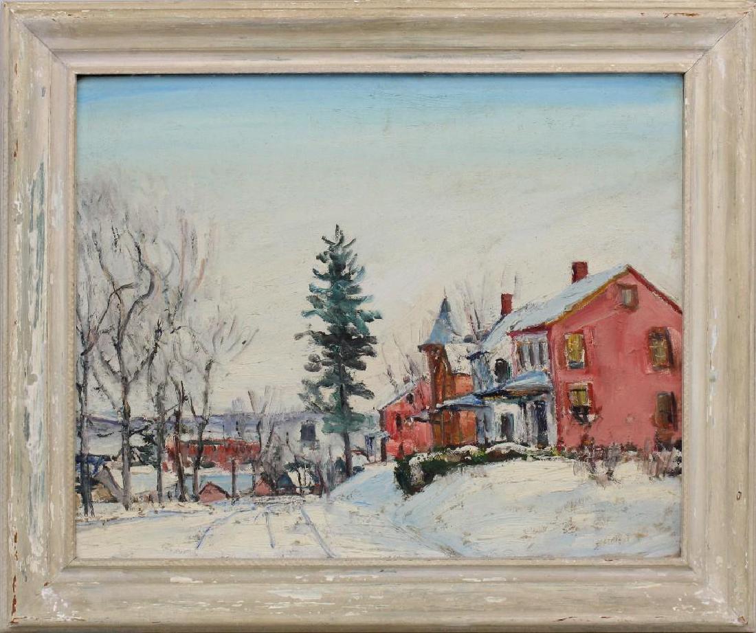 Walter Emerson Baum (1884-1956, Pennsylvania) Village: Oil on board. Signed "W.E. Baum" in lower right. 16"h x 20"w.