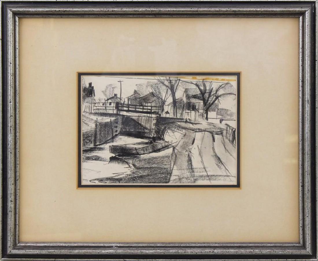 Harry Leith-Ross (1886-1973, Pennsylvania) "Canal Lock,: Conte drawing. Signed "Harry Leith-Ross" and titled on verso. 5"h x 7"w. 