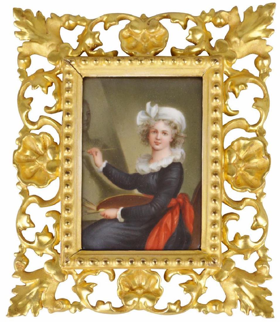 19th c. Miniature Portrait, Female Artist at Her Easel: Portrait on porcelain. Framed in an Italian gilt carved frame, 8.5"h x 7"w overall, 5"h x 3"w porcelain.