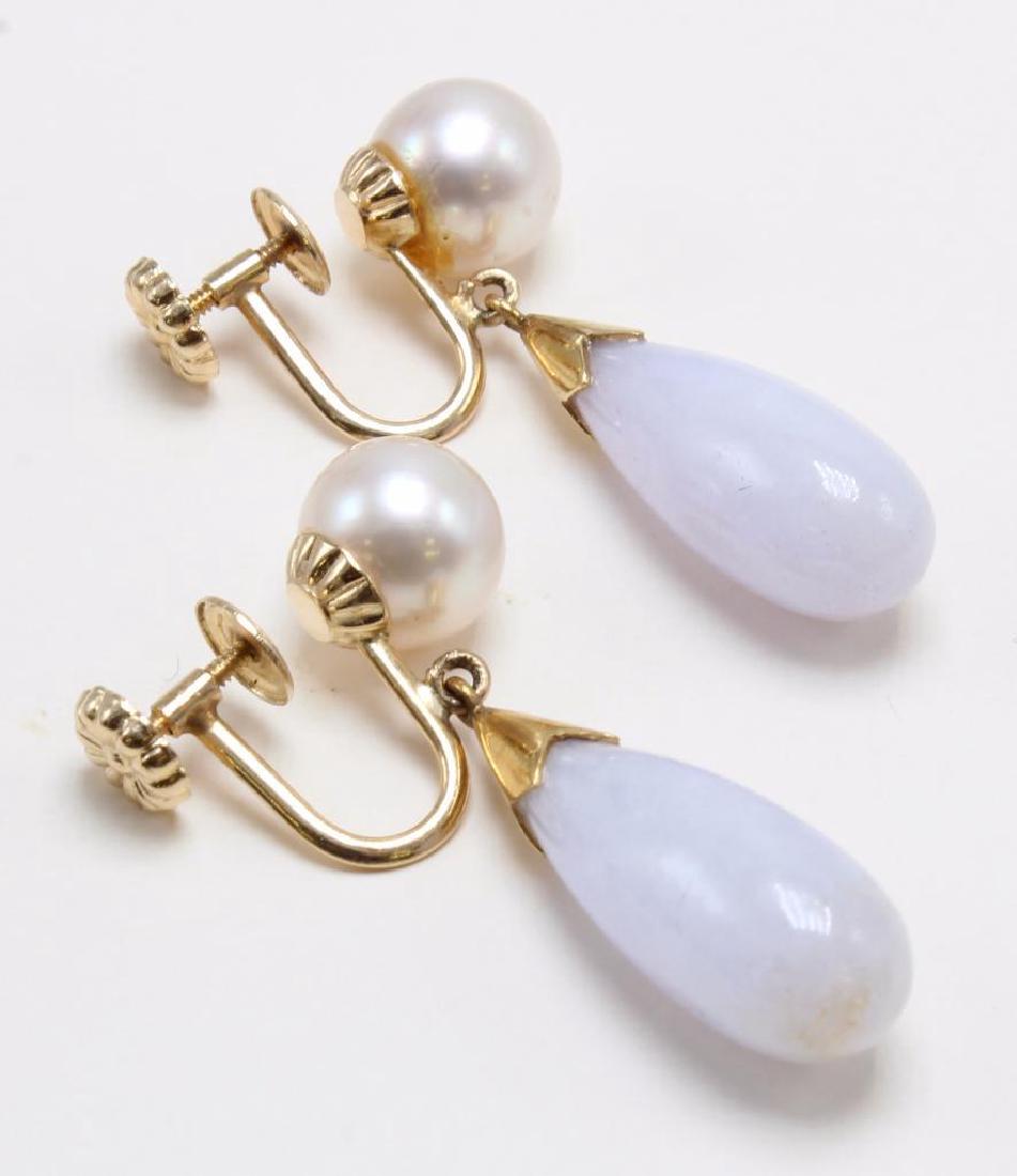 EARRINGS. PEARL AND LAVENDER WHITE JADE DROP DANGLES. (1 of 4)