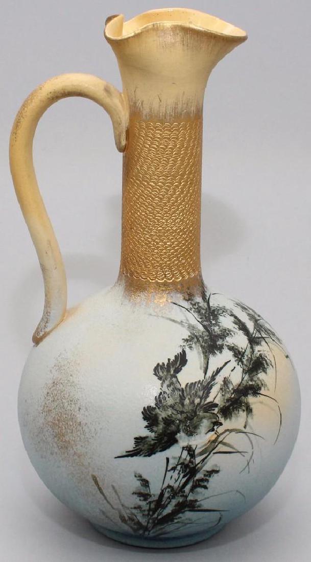 Rookwood Art Pottery Vase, Anne Marie Bookprinter -: Ewer form with matte finish, tooled gold decorated neck and handle with gold fired rim. Avial motif. Marked " AMB, 101c, Y, Rookwood 1886". 8.5"h x 4.5"round