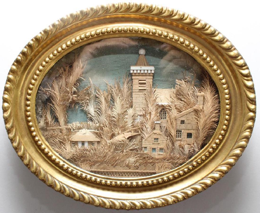Victorian Cork Diorama: Village scene, period frame. 7"h x 8.5"w
