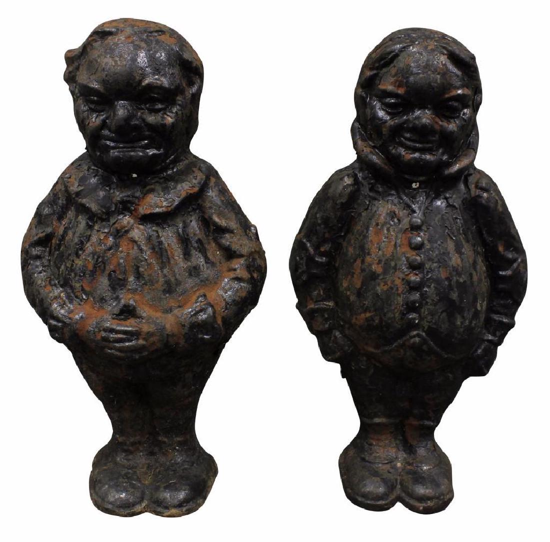 Antique English Figural Andirons: Tweedle Dee and Tweedle Dum. Do not include lateral support bar, matte black paint. 22"h x 11"w x 6"d