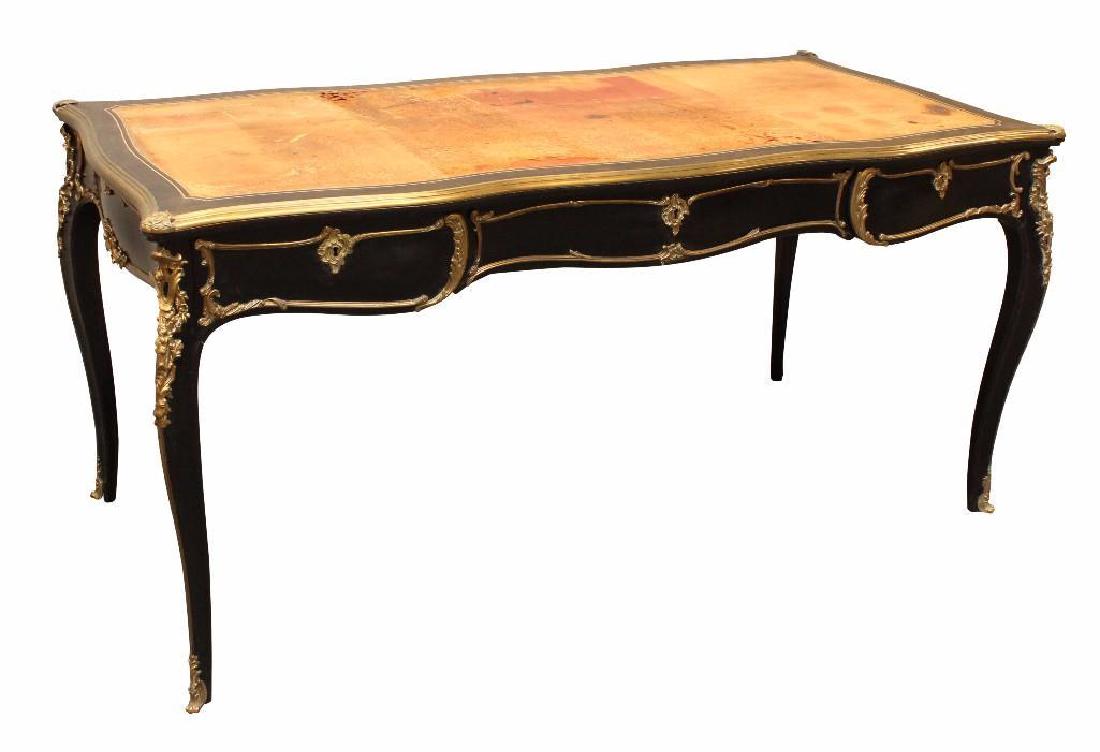 French Gilt & Ebonized Partners Desk: Leather inset top over 3 frieze and faux drawers on cabriole legs. 30"h x 62"w x 29.5"d