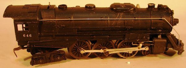 Lionel 646 Steam Locomotive, no Tender: Complete and all original, rust on front truck, roller pickups, rear truck, and rear truck plate, straight cab, few scratches and paint chips, C4-5 condition.