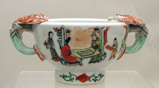 Chinese Export Porcelain Famille Verte Rose Cup B: Late 19th to early 20th C., formed as a large pedestal cup with thick walls and bat handles. The sides painted with figural courtyard scenes, the straight pedestal foot with flower design. Stamped