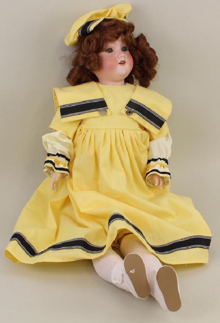 BODY PARTS - 30" ARMAND MARSEILLE GERMANY 390 A. 8 M.: Blue sleep eyes, open mouth, synthetic wig. Papier mache ball jointed body. Dressed in newer clothing. Condition: head is cracked. Hands have had repaint/repair. Finger loss. This lot is being sold AS