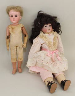 BODY PARTS - PAIR OF ANTIQUE BISQUE HEAD DOLLS; (1): Both dolls have brown eyes, open mouths, replaced wigs. 14" MADE IN GERMANY ARMAND MARSEILLE 390n D.R.G.M. 246/1 A.2/0.M..This doll is on an 11" marked SCHOENHUT wooden jointed body and is wearing an