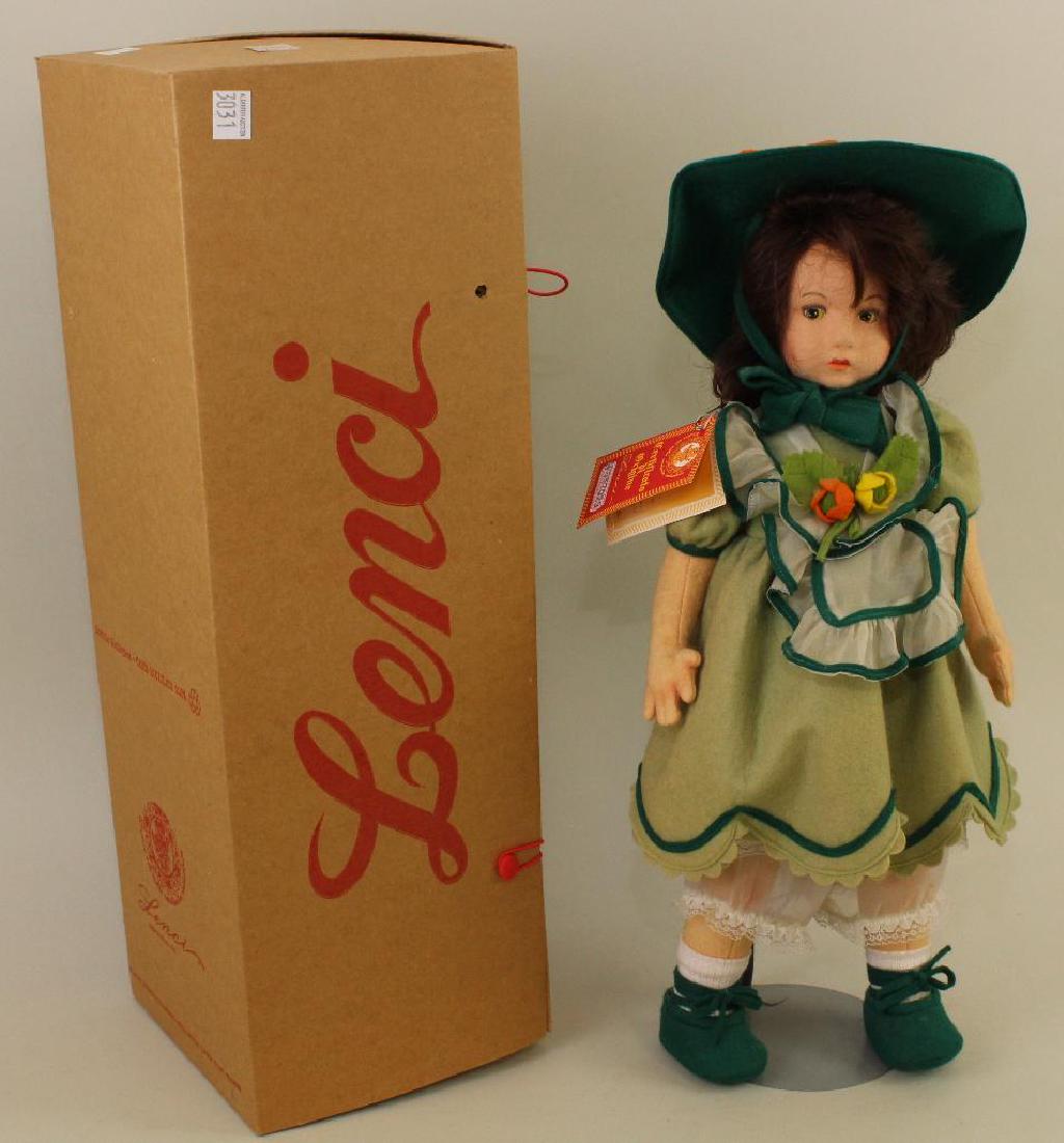 17" 1990's TAGGED LENCI "GIOVANNA" DOLL IN ORIGINAL: Stand. Condition: minor surface soil on body. Age discoloration. (1) Box closure button missing.