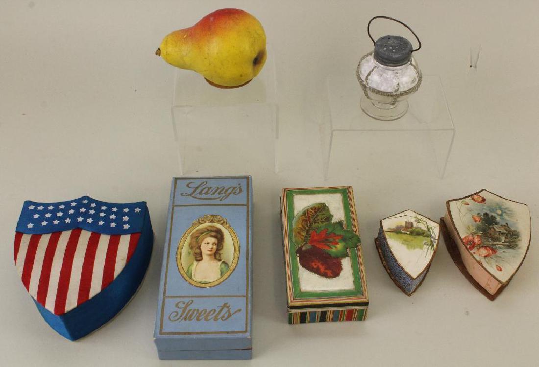 LOT OF (7) VINTAGE/ANTIQUE CANDY OR SWEETS CONTAINERS. (1 of 3)