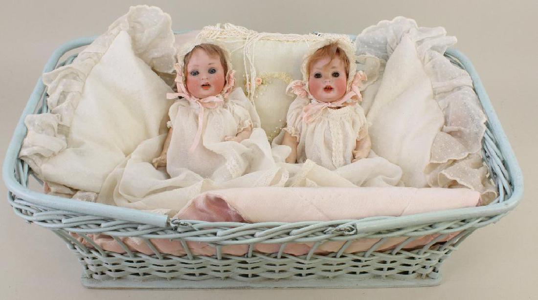 PAIR OF 9" PM 914 5/0 ANTIQUE BISQUE HEAD TWIN BABIES (1 of 5)