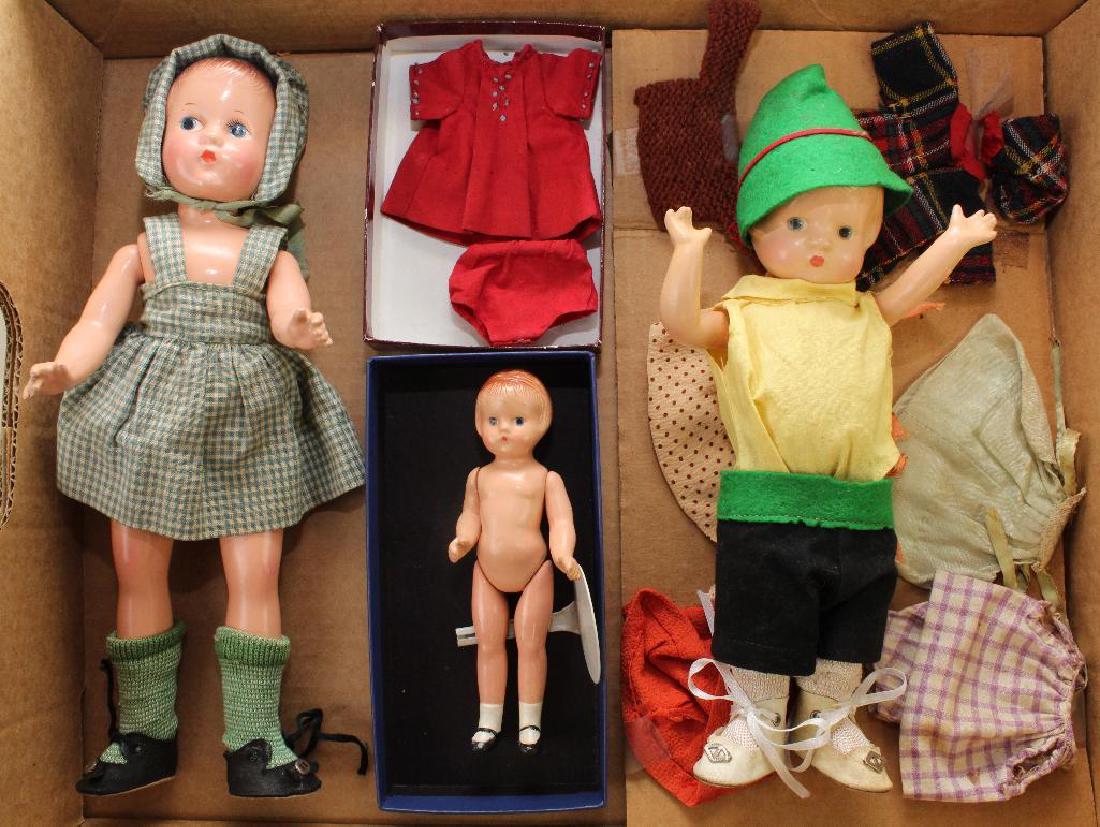 LOT OF (3) 1930's EFFANBEE COMPOSITION DOLLS, CLOTHING:: 5 1/2" Wee Patsy - doll comes with (10) pcs. of clothing that were from the "Dolly's Dress Maker Set" Sew her clothes for yourself. Condition: nothing observed on doll. Clothing has some age discolora