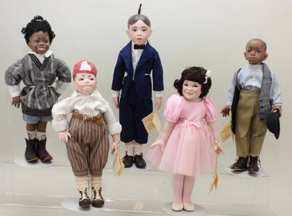 SET OF (5) "SPANKY & OUR GANG" DOLLS BY ARTISTS JOSEPH: This complete set of porcelain dolls was physically handmade (and dressed) in Vicksburg, PA, USA. They are all marked and have their hangtags. 16" Alfalfa. 14" Stymie (hangtag signed by both artists).