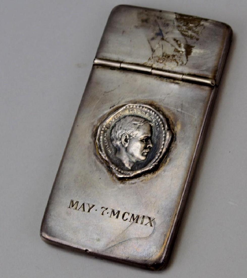 Business Card Holder. Sterling Silver. May 7 MCMIX.: Front of case features a semblance of a wax type stamp of William Travers Jerome by sculptor EW Keyser. Reverse features COMMITTEE with 16 etched signatures including lawyers, politicians, and writers
