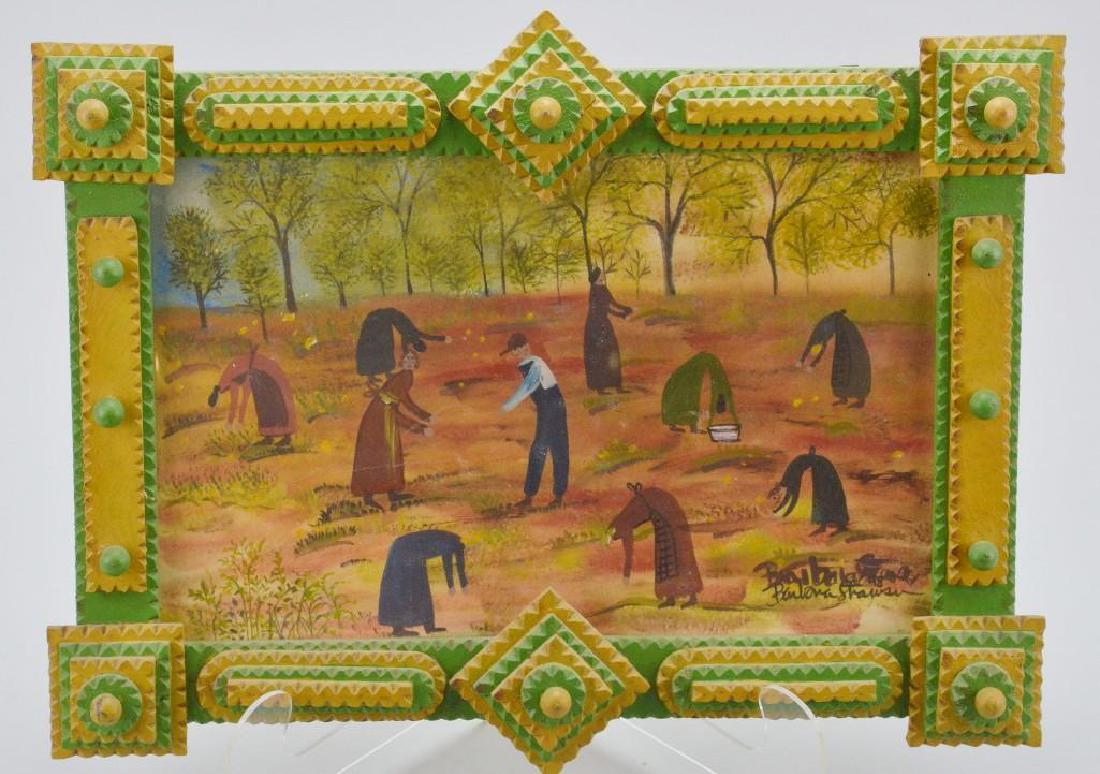 Strawser Folk Art Painting and Frame: "Dandelion Gathers" folk art painting by Barbara Strawser with complementing folk art frame by Daniel Strawser. 14"h x 17"w