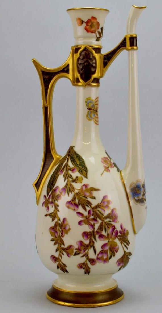 Royal Worcester Ewer: Floral and butterfly motif, green Royal Worcester mark.14"h x 6"w