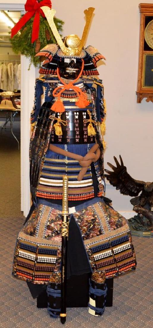 Traditional Samurai Armor Replica: Life size, includes katana, helmet, chest and arm pieces, epaulets and leg guards. Chest 29"h, arms 29"l, epaulets 13"d