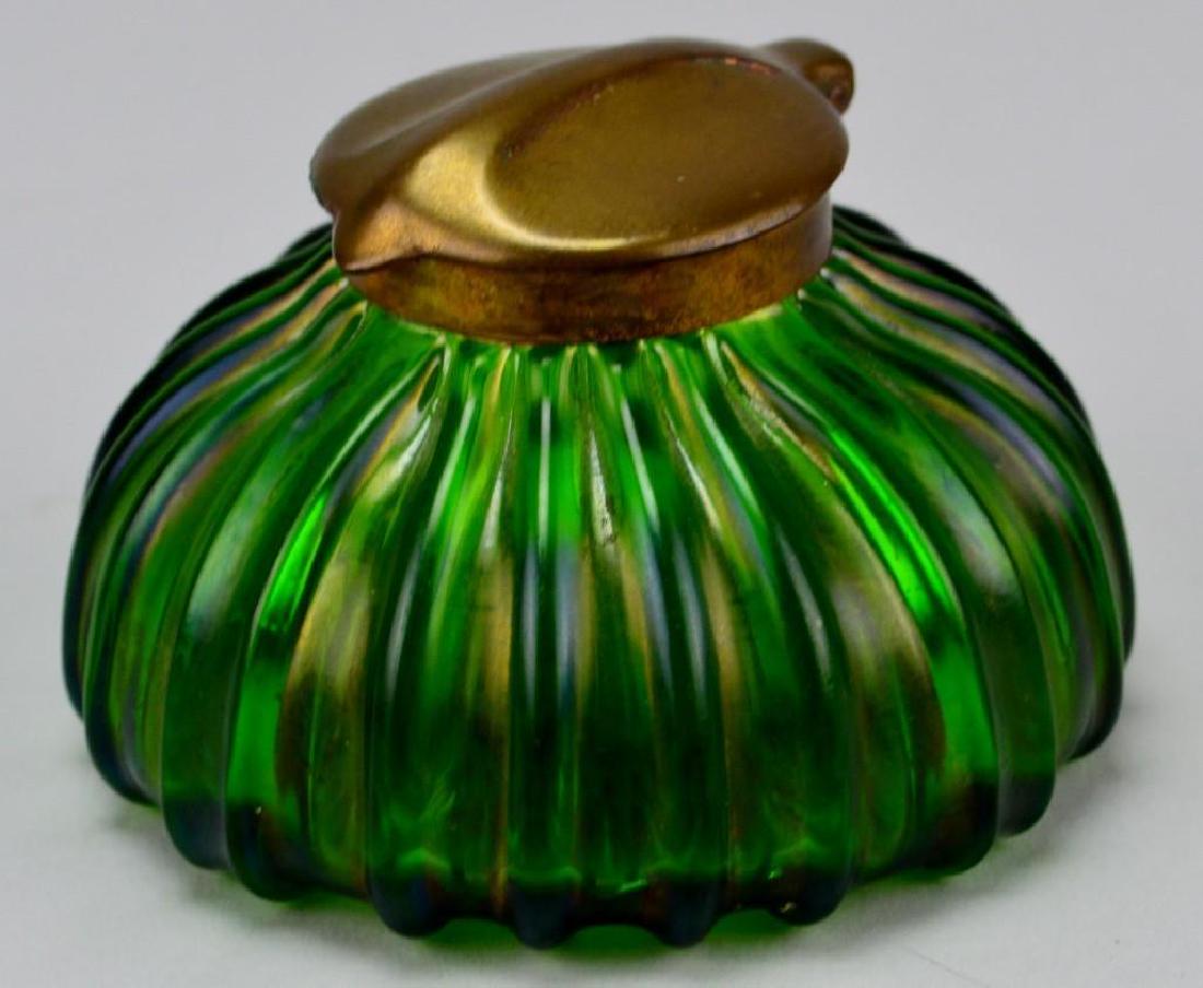 Loetz Inkwell: Unsigned, green glass base with bronze lid. 2.5"h x 4.5"w