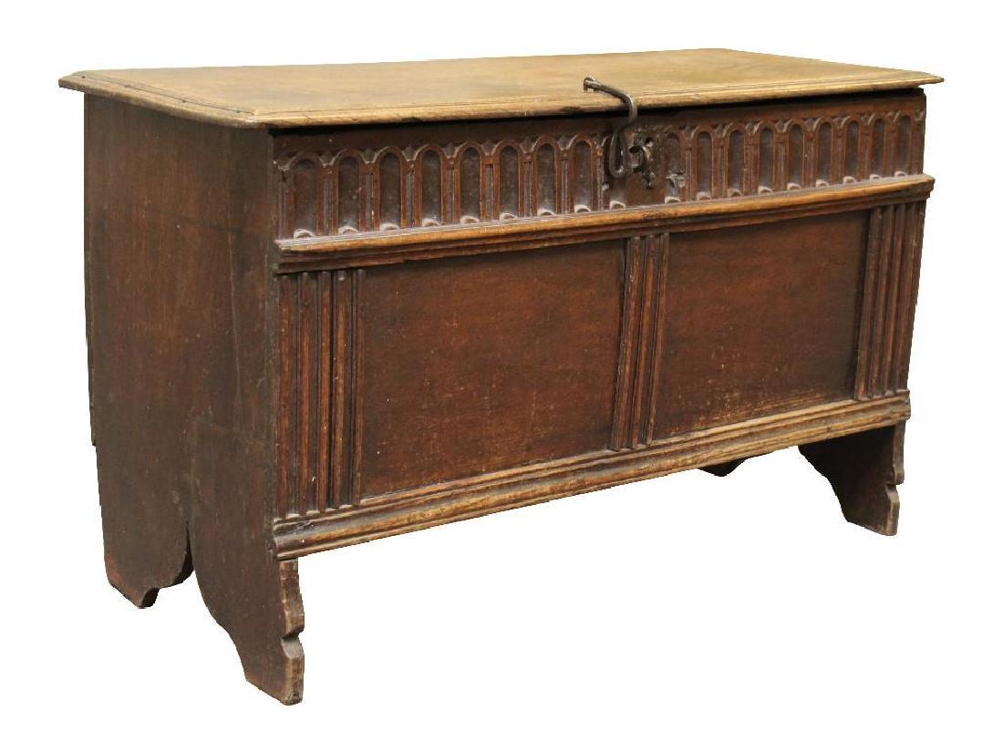 English Oak Architectural Blanket Chest: Cathedral arched molded and breakfront molded front on cut out shaped feet. 21”h x 36”w x 14.5”d