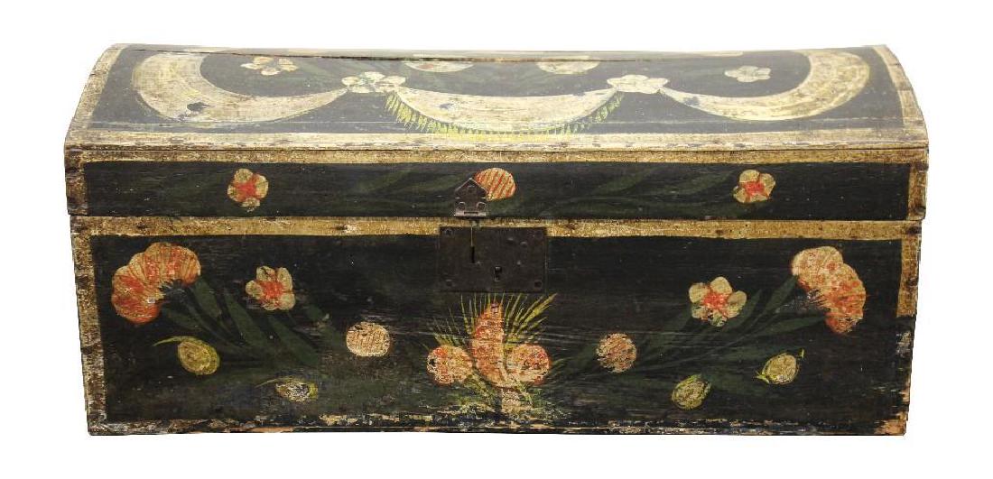 Paint Decorated Brides Box: Dome top, dedicated “Francoise-Simon Nee-En-1842 Venu-Du-Havre-En-1867” on top of lid. 9.5"h x 22"w x 10"d