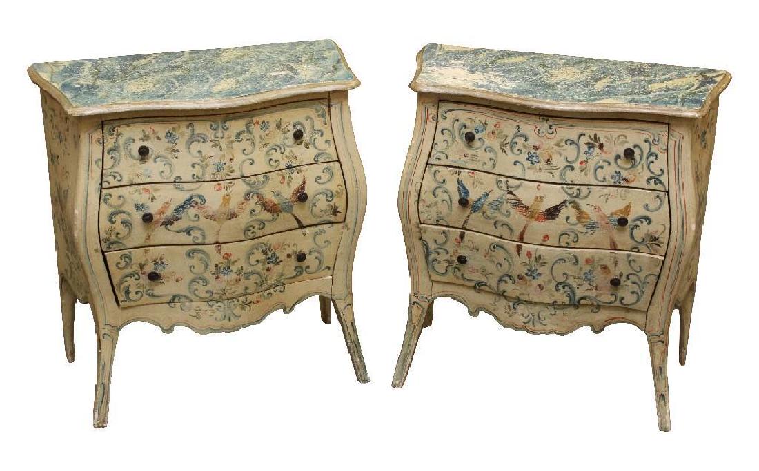 Pair Paint Decorated Commodes: Serpentine tops, three drawers, on splayed legs with aviary, c- scroll, and floral motifs, 25.5"h x 24.5"w x 13"d