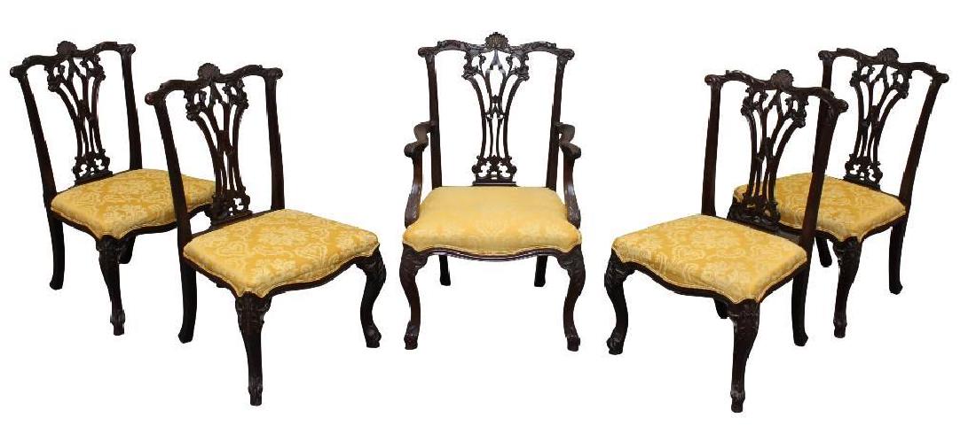 Chippendale Carved Mahogany Dining Chairs: (5) Shell carved crests with pierced splats, damask upholstery, on ancanthus carved cabriole legs, (1) Armchair 42”h x 25”w x 21”d