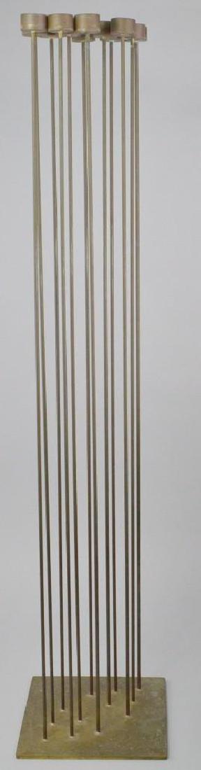 Val Bertoia Sonambient Sculpture: Bronze tops on 12 beryllium-copper rods, silvered to brass base. "Balanced Sonic Rods #B-1044". Has COA. 37"h x 8"w x 8"d